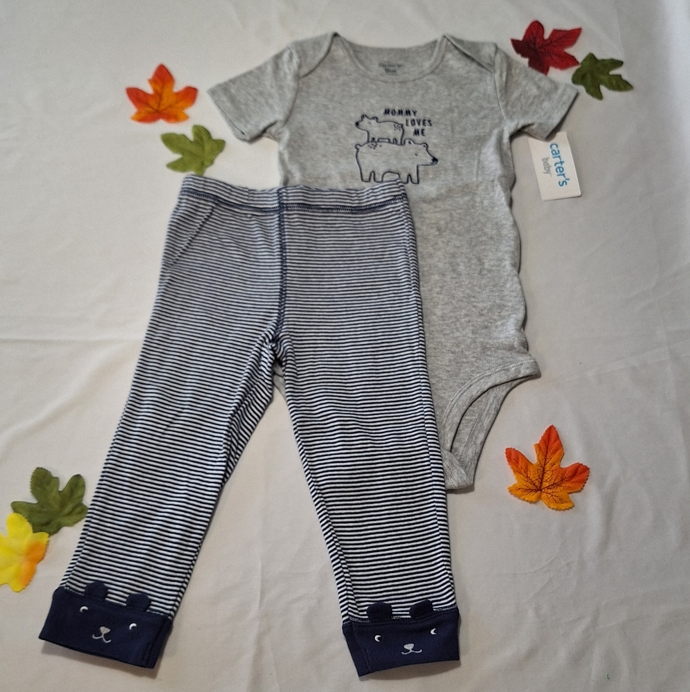 Carter's 2-Pc Gray Onesie & Striped Pants Set ( Size 18 months )